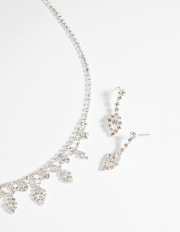 Silver Diamond Simulant Necklace and Earrings Set