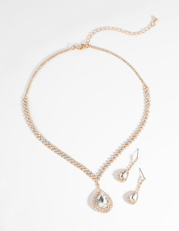 Gold Diamond Simulant Teardrop Necklace and Earrings Set