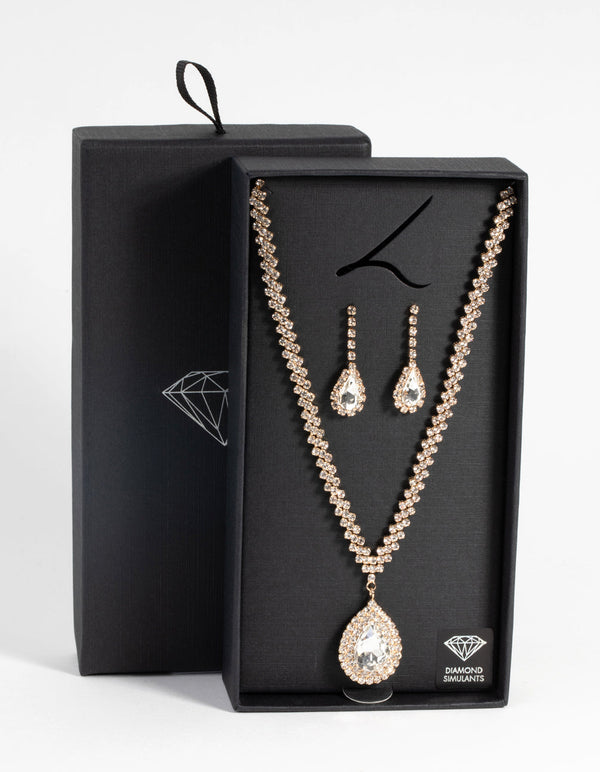 Gold Diamond Simulant Teardrop Necklace and Earrings Set