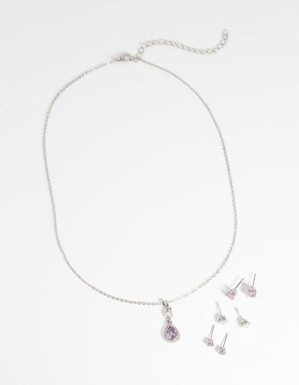 Purple Diamond Simulant Teardrop Necklace and Earrings Set