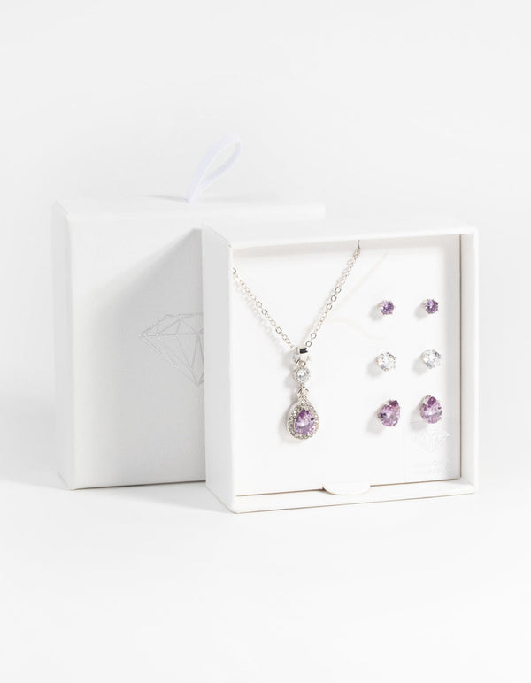 Purple Diamond Simulant Teardrop Necklace and Earrings Set