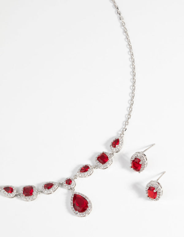 Ruby Diamond Simulant Oval Necklace and Earrings Set
