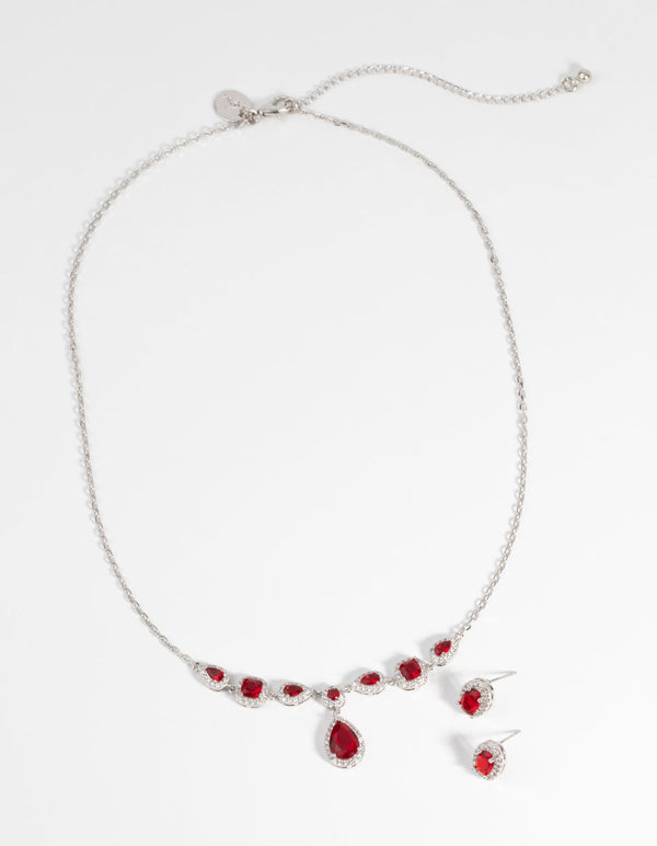 Ruby Diamond Simulant Oval Necklace and Earrings Set