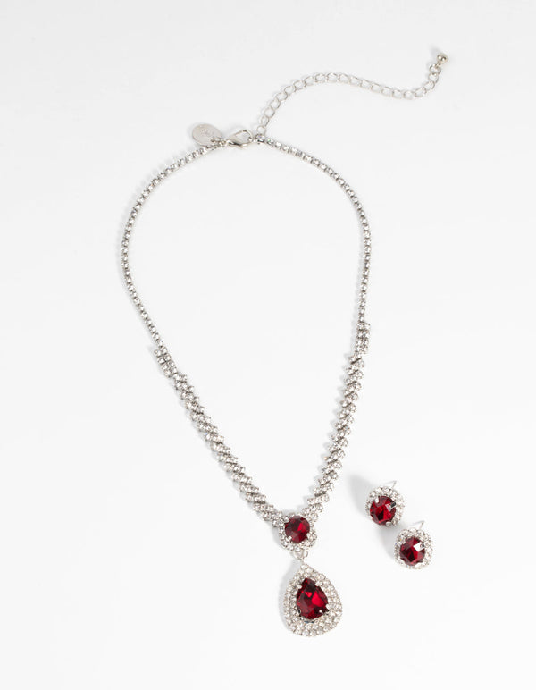 Ruby Diamond Simulant Necklace and Earrings Set