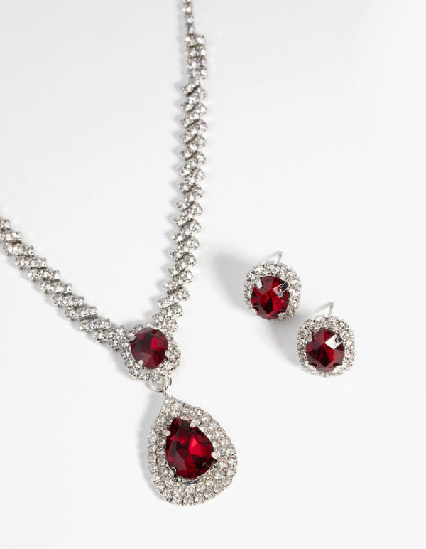 Ruby Diamond Simulant Necklace and Earrings Set