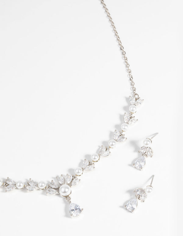Rhodium Diamond Simulant Teardrop Necklace and Earrings
