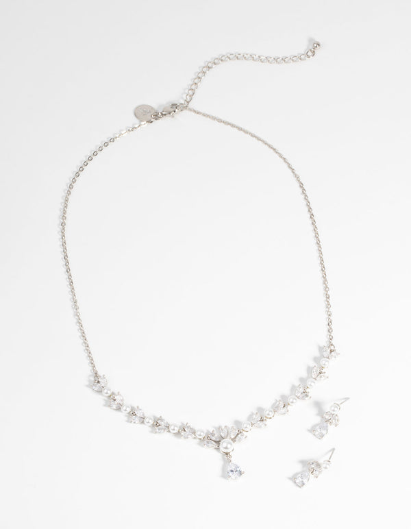 Rhodium Diamond Simulant Teardrop Necklace and Earrings
