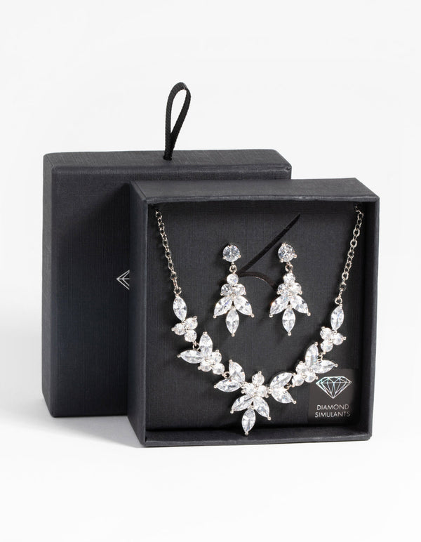Rhodium Diamond Simulant Navette Necklace and Earrings Set