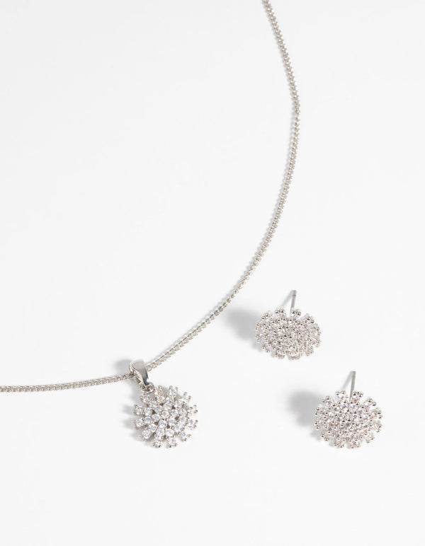 Rhodium Diamond Simulant Floral Necklace and Earrings Set