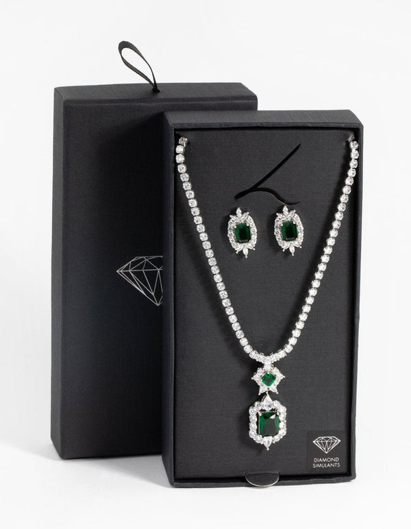 Vintage Emerald Diamond Simulant Necklace and Earrings Set