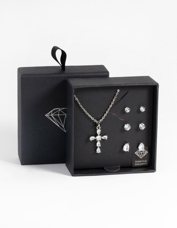 Rhodium Diamond Simulant Cross Necklace and Earrings Set