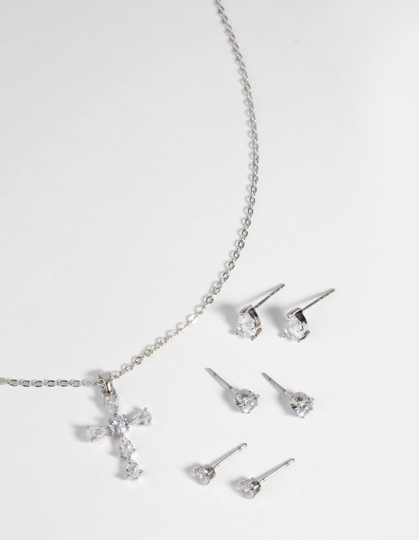 Rhodium Diamond Simulant Cross Necklace and Earrings Set