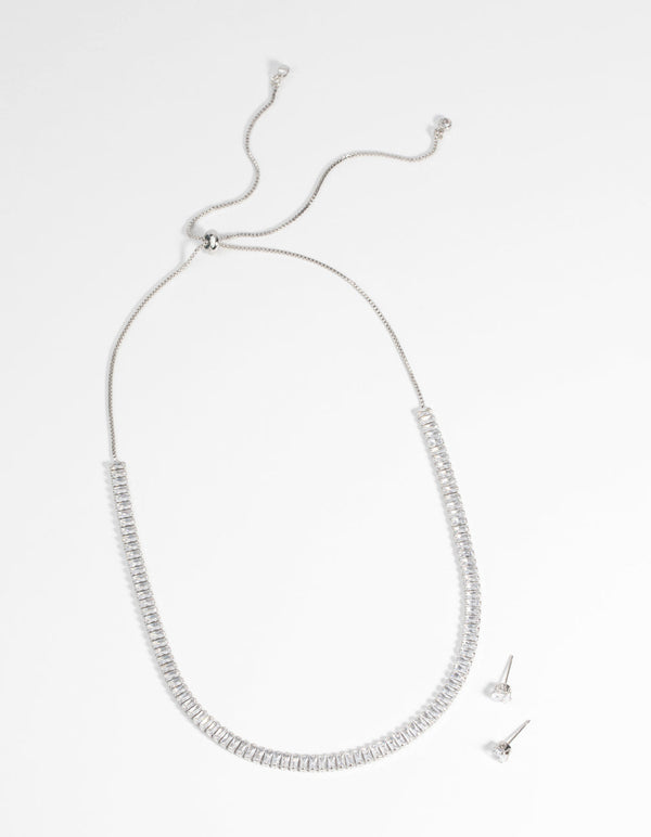 Rhodium Diamond Simulant Baguette Necklace and Earrings Set