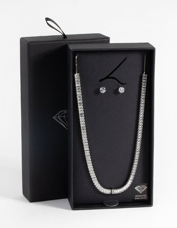 Rhodium Diamond Simulant Baguette Necklace and Earrings Set