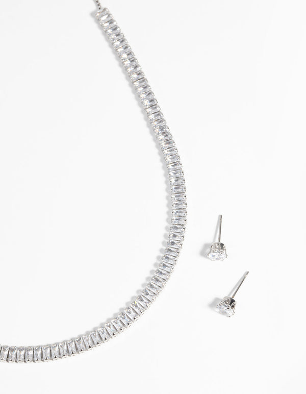 Rhodium Diamond Simulant Baguette Necklace and Earrings Set