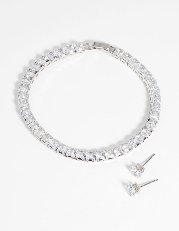 Rhodium Square Diamond Simulant Bracelet and Earrings Set