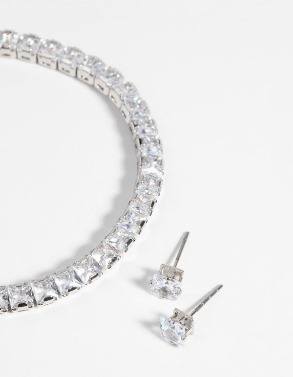 Rhodium Square Diamond Simulant Bracelet and Earrings Set