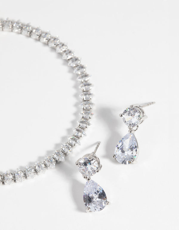 Rhodium Diamond Simulant Marquise Bracelet and Earrings Set