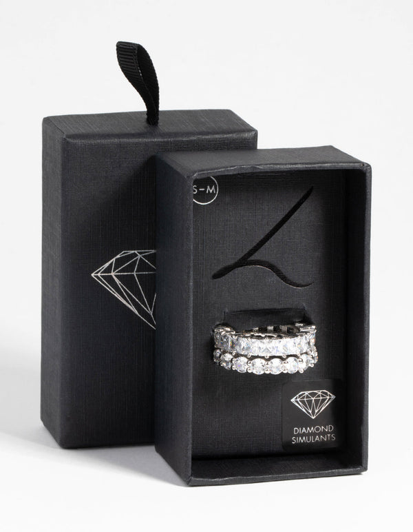 Rhodium Square Diamond Simulant Ring Set