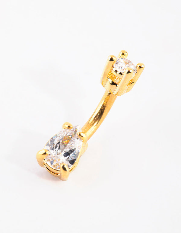 Gold Plated Titanium Pear Diamante Small Belly Bar
