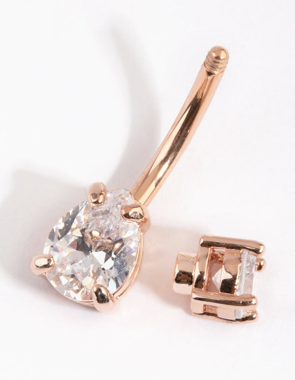Rose Gold Plated Pear Diamante Medium Belly Bar