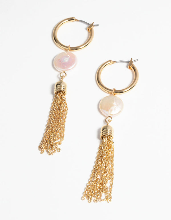 Gold Plated Tassel Drop Earrings with Freshwater Pearls