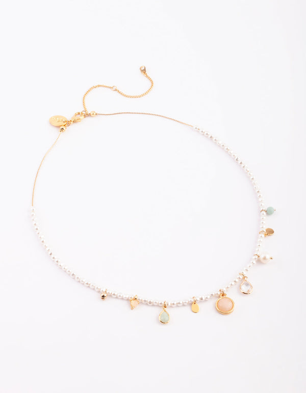 Gold Plated Charm Necklace with Freshwater Pearls