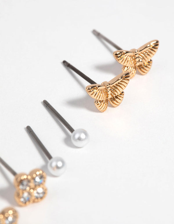 Gold Pearl and Butterfly Stud Earring Pack