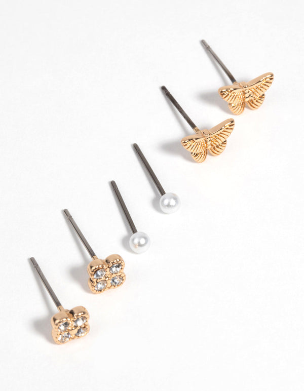 Gold Pearl and Butterfly Stud Earring Pack