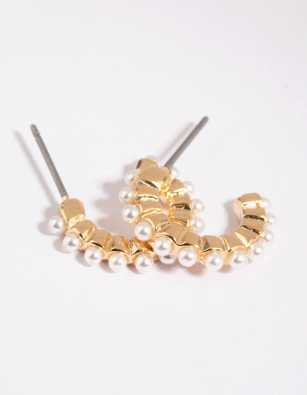 Gold Huggie Hoop Earrings with Pearls