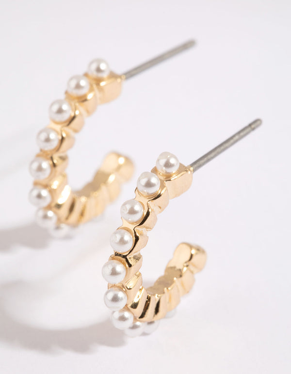 Gold Huggie Hoop Earrings with Pearls