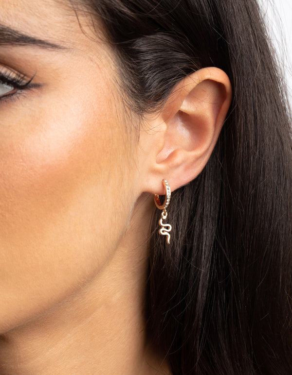 Gold Snake and Diamante Huggie Hoop Earrings