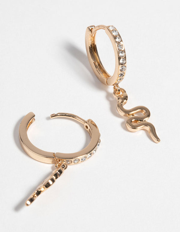 Gold Snake and Diamante Huggie Hoop Earrings