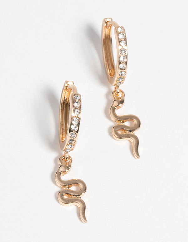 Gold Snake and Diamante Huggie Hoop Earrings
