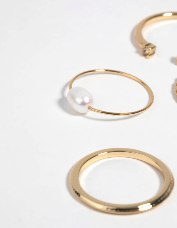 Gold Plated Ring Stack Pack with Freshwater Pearls