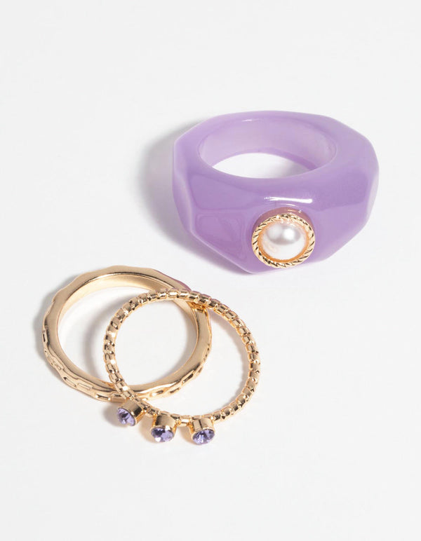 Purple Pearl and Diamante Ring Pack