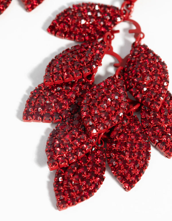 Red Diamante and Leaf Earrings