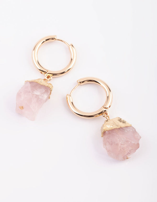 Gold Huggie Earrings with Rose Quartz