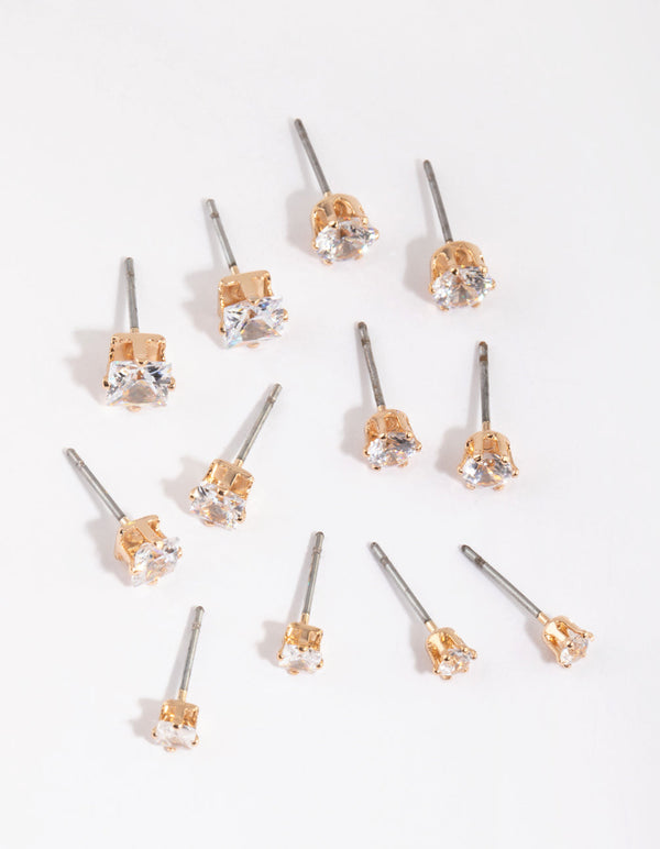 Gold Cubic Zirconia Classic Stud Earring Pack