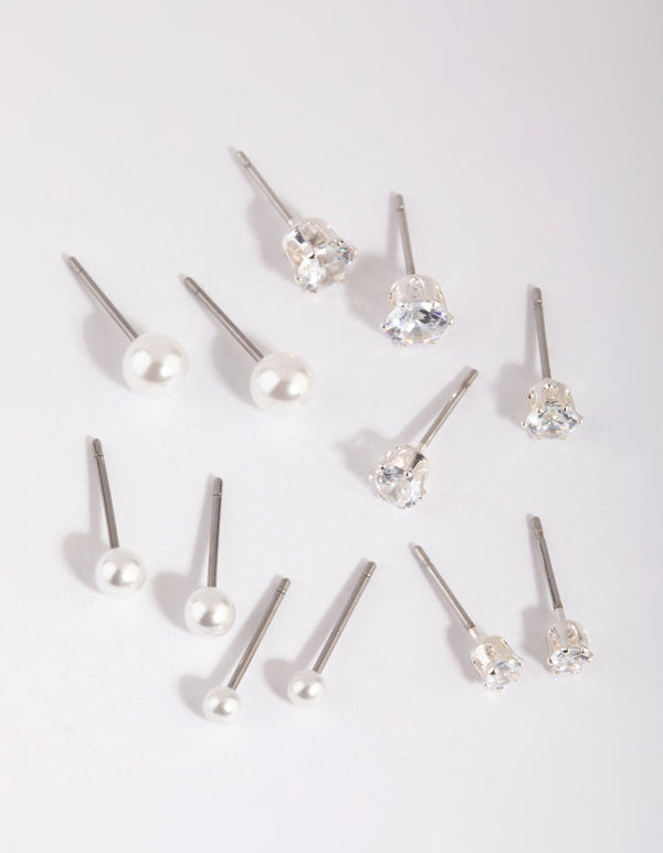 Silver Cubic Zirconia and Pearl Stud Earring Pack