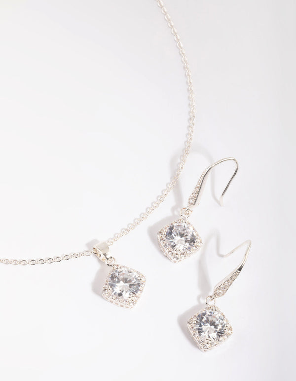 Silver Square Cut Cubic Zirconia Necklace and Earrings Set