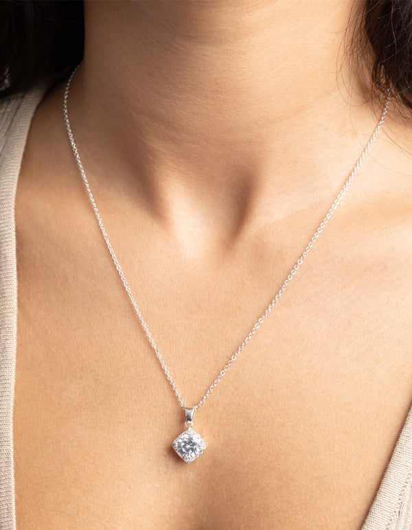 Silver Square Cut Cubic Zirconia Necklace and Earrings Set