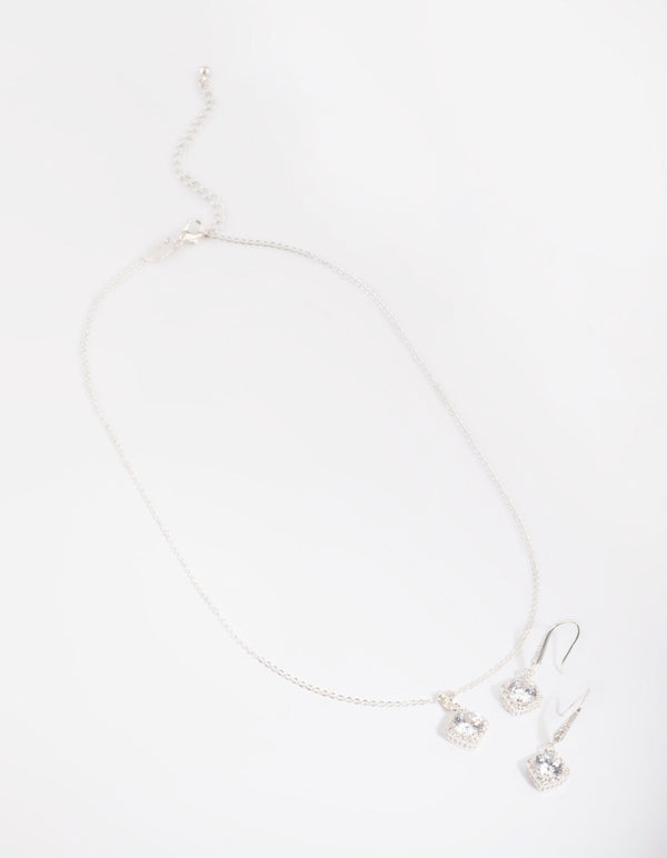 Silver Square Cut Cubic Zirconia Necklace and Earrings Set