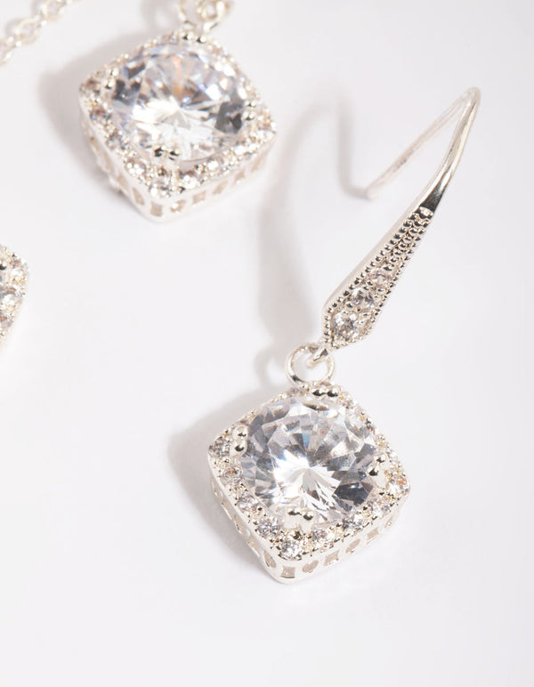 Silver Square Cut Cubic Zirconia Necklace and Earrings Set