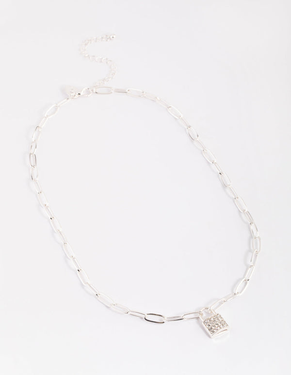 Silver Diamante Padlock Necklace