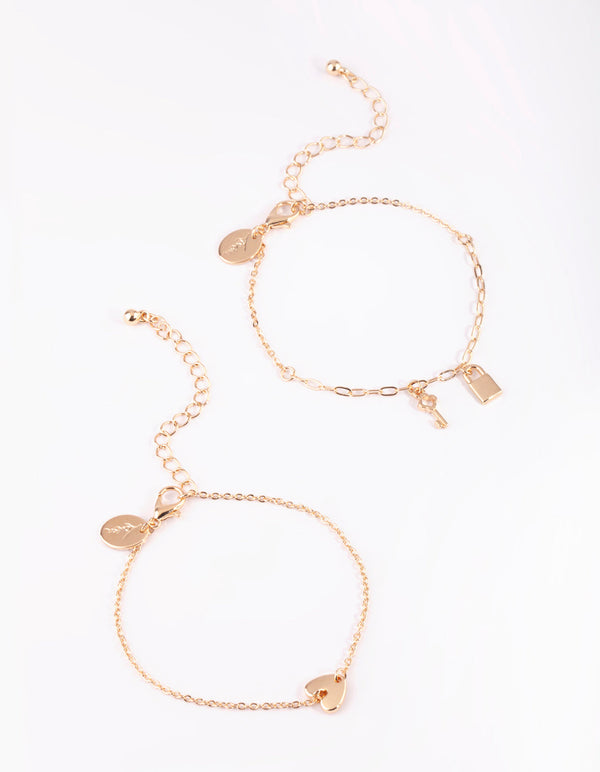 Gold Love and Lock Bracelet Set