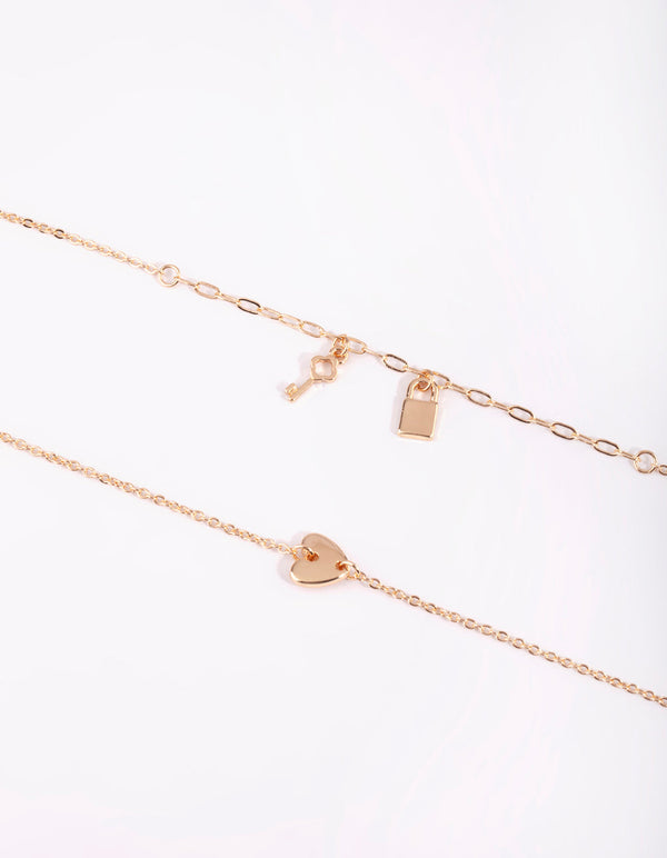 Gold Love and Lock Bracelet Set