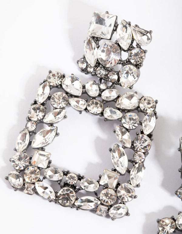 Gunmetal Square-Cut Diamante Drop Earrings