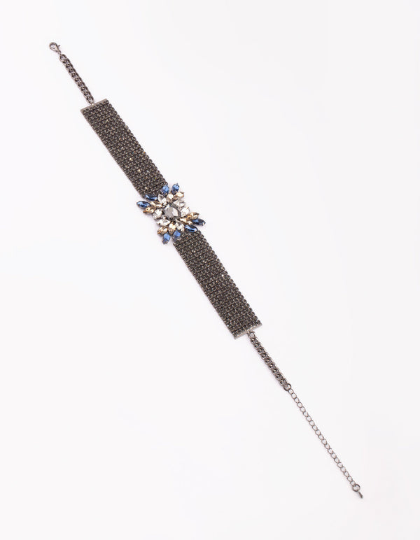 Gunmetal Diamante Flower Choker Necklace