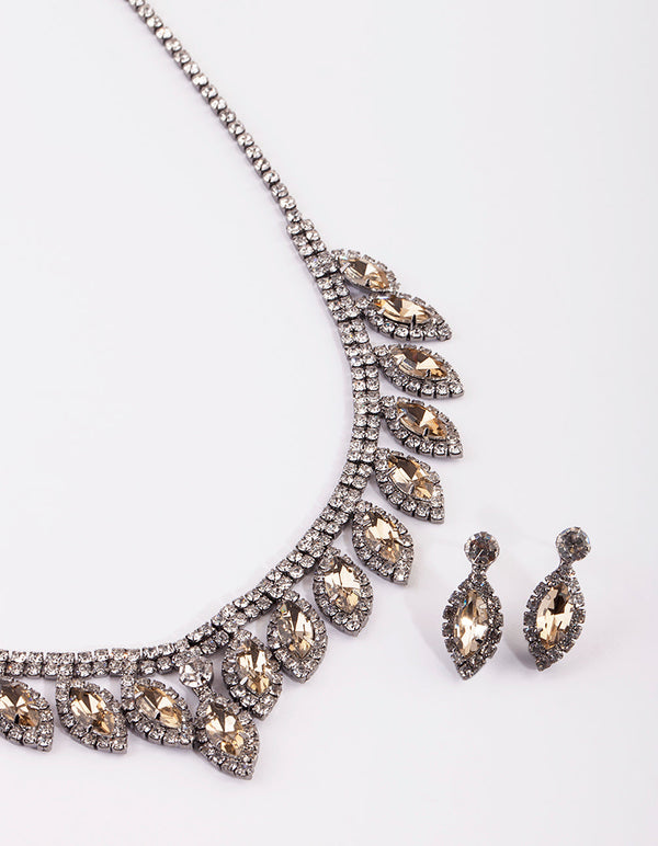 Gunmetal Marquise Diamante Necklace and Earrings Set
